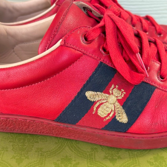 Gucci Ace Red Leather with Gold Insect Embroidery Sneakers for Men 🔥 - Picture 5 of 9